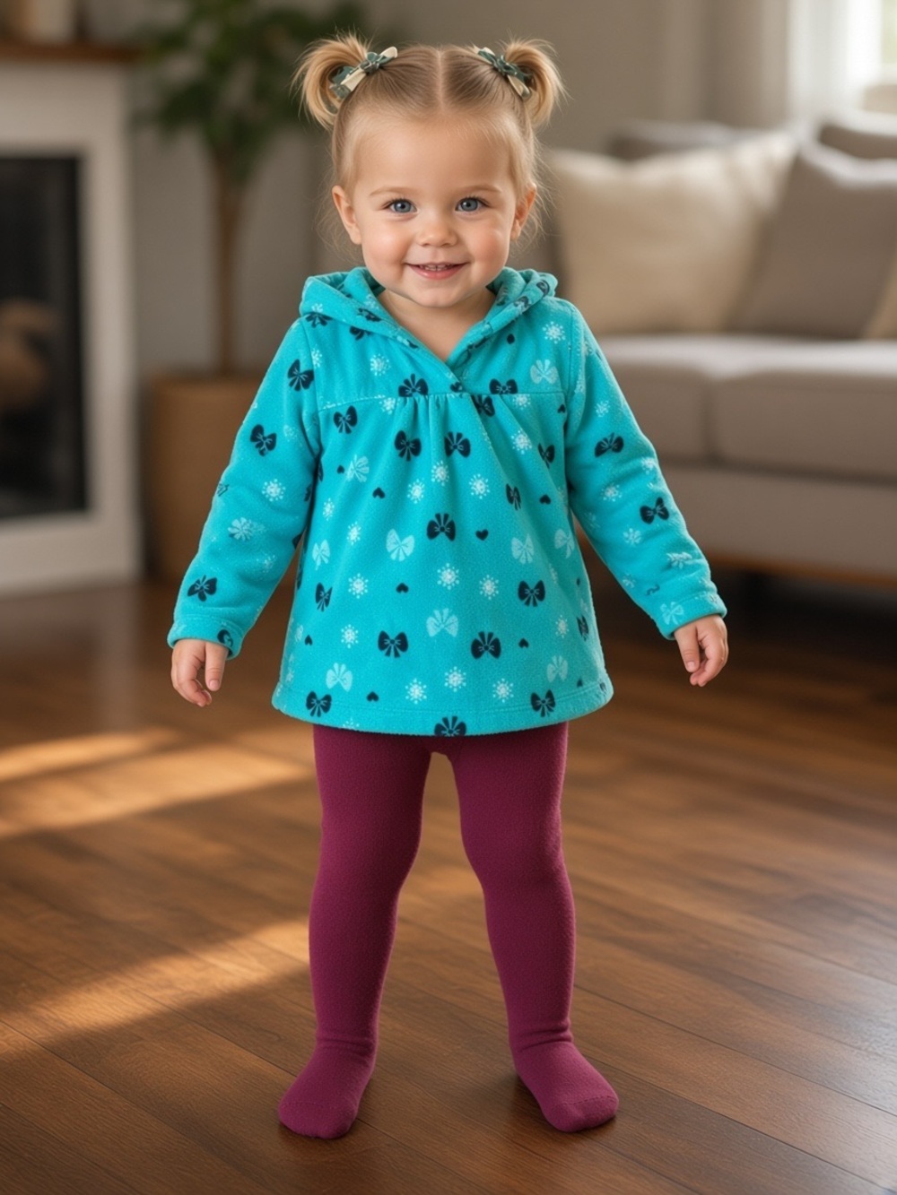 Turquoise Hooded Fleece Tunic with Navy Bow Print with Carters tights